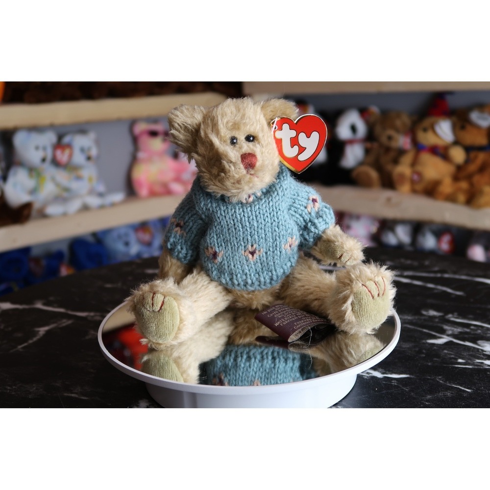 Ty Attic Treasures Skylar the Bear Tan Plush Blue Knit Sweater Vintage 1993 6096